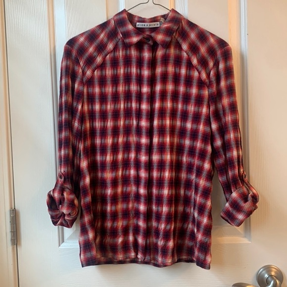 Alice + Olivia Glenna crinkle button down plaid women shirt red XS/TP - Picture 1 of 8